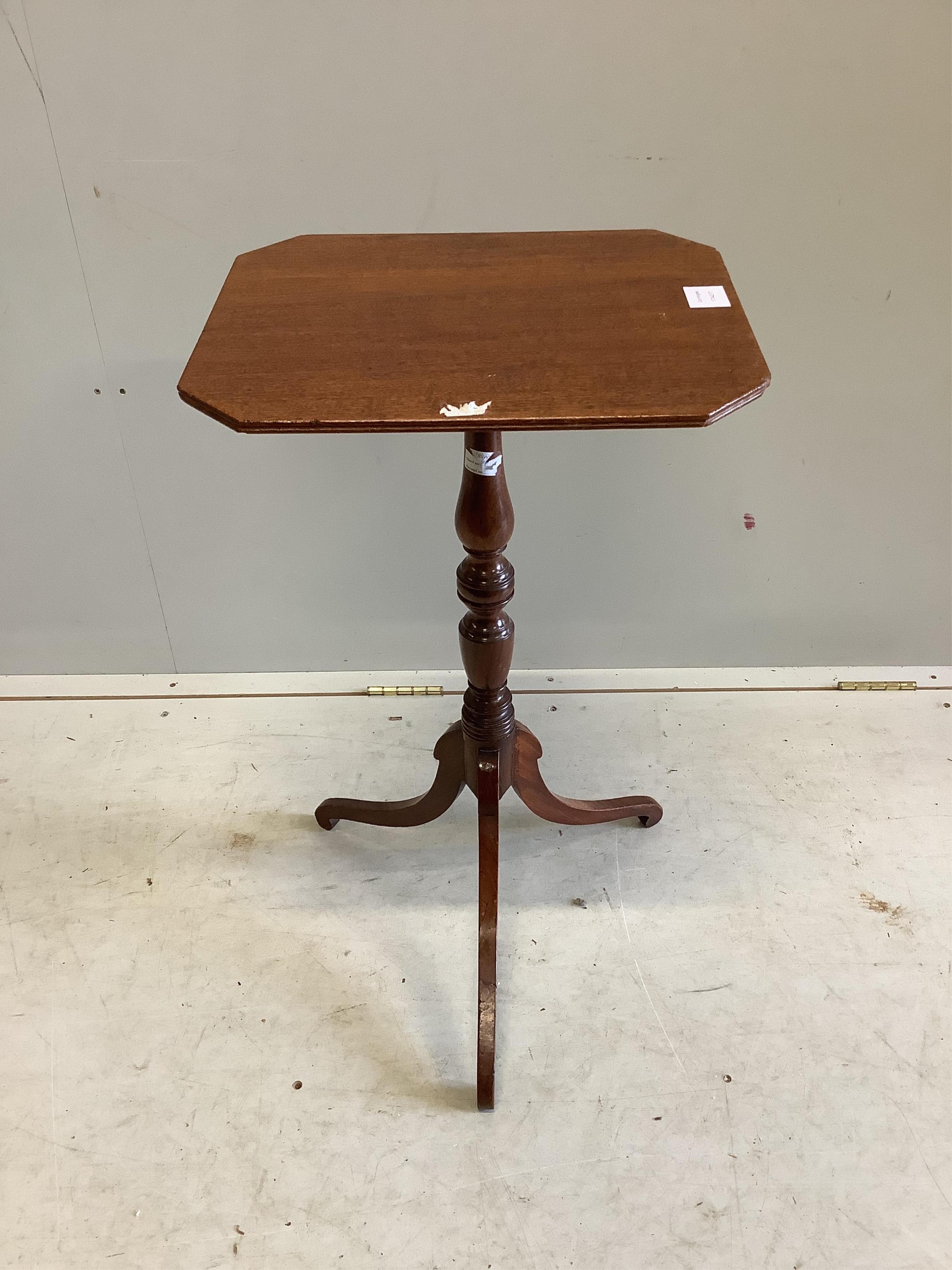 A Regency octagonal mahogany tripod wine table, width 42cm, depth 35cm, height 73cm. Condition - fair